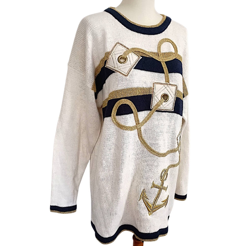 Vtg Cedars Nautical Sweater M Oversized Coastal Ramie Preppy Yacht Club Chunky - Picture 3 of 16